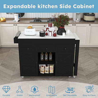 KEIKI 74.8" Kitchen Island with Extendable Dining Table, Rolling Cart with Power Outlet, 3 Drawers & Storage Cabinet on Wheels for Kitchen, Dining Room, Black