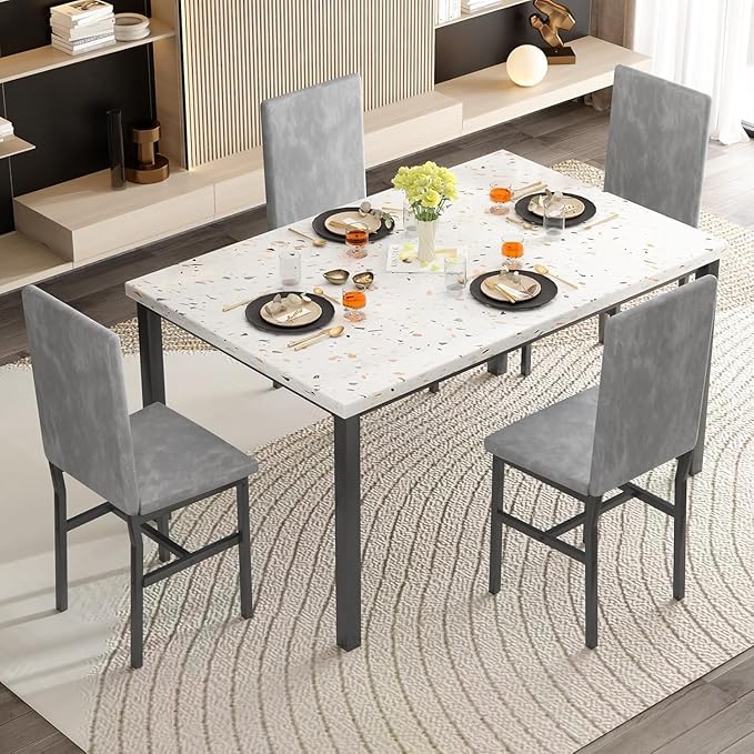 tantohom Dining Table Set for 4, 5-Piece Faux Marble Dining Set,4 Upholstered Velvet Chairs, Modern Kitchen Table Furniture for Dining Room, Dinette, Compact Space-Saving Faux Marble Tabletop, Grey
