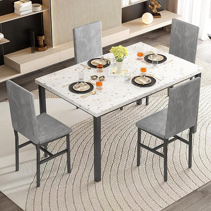 tantohom Dining Table Set for 4, 5-Piece Faux Marble Dining Set,4 Upholstered Velvet Chairs, Modern Kitchen Table Furniture for Dining Room, Dinette, Compact Space-Saving Faux Marble Tabletop, Grey