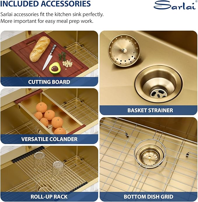Sarlai 33 Gold Drop In Sink 33x22 Inch Drop In Kitchen Sink Gold Ledge Workstation Sink 16 Gauge Stainless Steel Single Bowl Topmount Sinks Basin