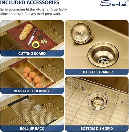 Sarlai 33 Gold Drop In Sink 33x22 Inch Drop In Kitchen Sink Gold Ledge Workstation Sink 16 Gauge Stainless Steel Single Bowl Topmount Sinks Basin