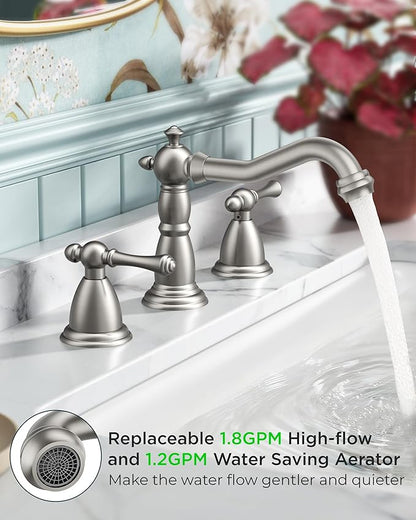 FORIOUS Brushed Nickel Bathroom Sink Faucet 3 Holes, 2 Handle Widepsread Antique Faucet for Bathroom Sink with Pop-Up Drain and Water Supplies for Commercial Vanity Lavatory Restroom Farmhouse