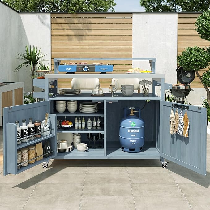 YOPTO 53.3" Outdoor Kitchen Island with Raised Shelf,Solid Wood Grill Cart,Stainless Steel Top,Adjustable Shelf,Spice Rack,Lockable Wheels,Grey Blue