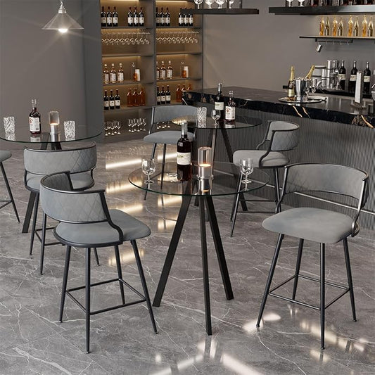 Modern Glass High Top Bar Table Set for 2, Bar Stools Island Chairs, Clear Round Pub Tall Table with Faux Leather Counter Height Padded Stools for Home Bar Dinning Room Kitchen (Grey)