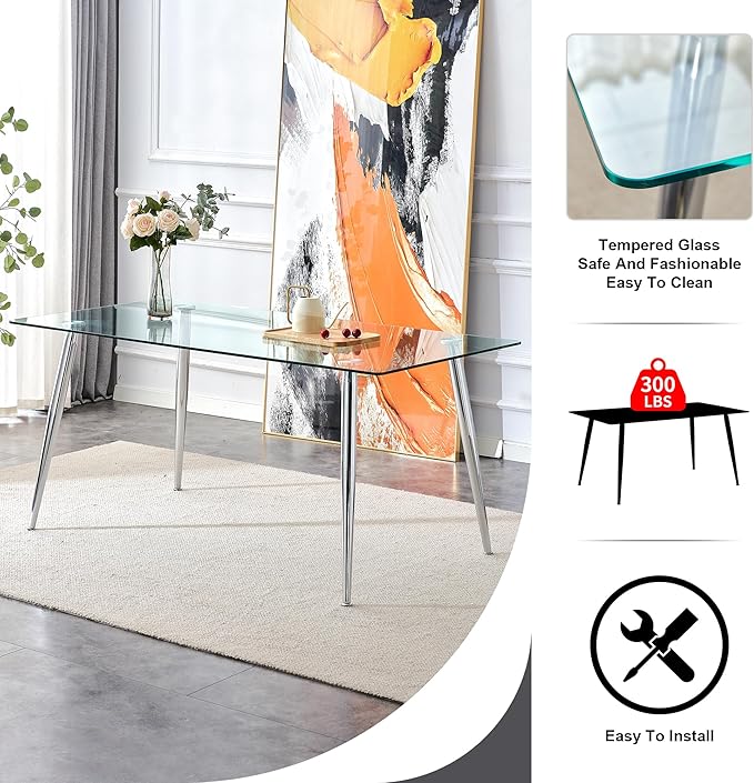 Baysitone Glass Dining Table for 4 with 63 inch Clear Tempered Glass Top, 0.31" Modern Rectangular Glass Kitchen Table Furniture with 4 Black Metal Legs for Home Kitchen Room