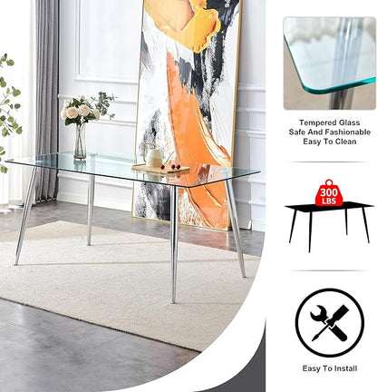 Baysitone Glass Dining Table for 4 with 63 inch Clear Tempered Glass Top, 0.31" Modern Rectangular Glass Kitchen Table Furniture with 4 Black Metal Legs for Home Kitchen Room