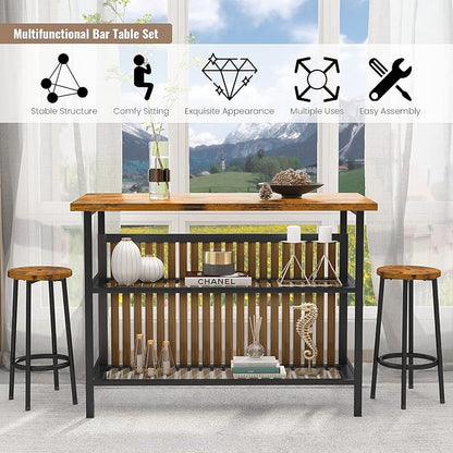 AWQM Kitchen Island with Seating & Storage Shelf, Wooden Island Table for Kitchen, Modern Bar Table and Chairs Set for 2,Dining Table Set for Small Space,Walnut
