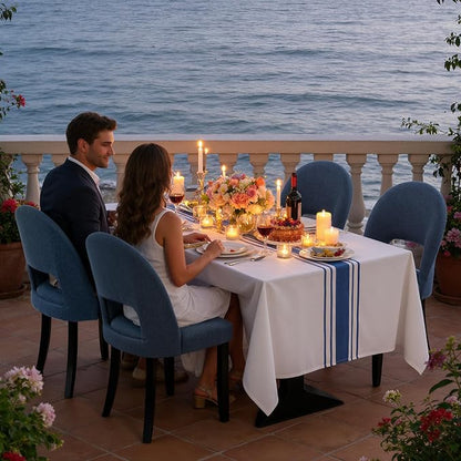Upholstered Dining Chairs Set of 8, Mid Century Modern Kitchen Chairs with Solid Wood Legs & Linen Fabric Backrest for Dining Room and Farmhouse, Blue