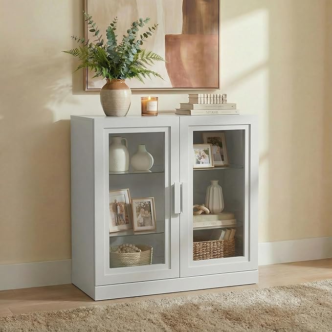 Casaphoria Adam Sideboard Buffet Cabinet with Storage, Display Cabinet with Glass Doors & Adjustable Shelves, 31" W x 36" H Buffet Cabinet for Entryway Kitchen Living Room, White
