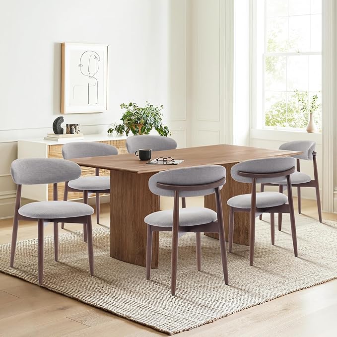 COLAMY Wooden Dining Chairs Set of 6, Modern Fabric Upholstered Dining Room Chair, Farmhouse Kitchen Chair with Foot Pegs, Light Grey