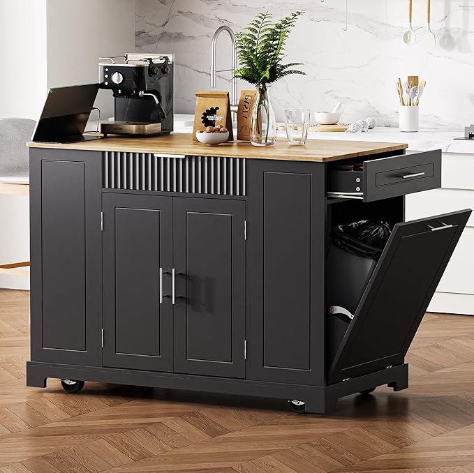 Modern Dining Table Kitchen Island with, Fluted Drawers, Power Outlet, Shelves, Mobile Rolling Cart with Trash Can Cabinet, 3 Drawers and Open Side Racks,Black-MDF