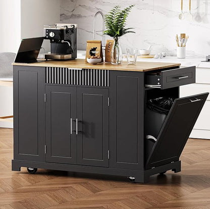Modern Dining Table Kitchen Island with, Fluted Drawers, Power Outlet, Shelves, Mobile Rolling Cart with Trash Can Cabinet, 3 Drawers and Open Side Racks,Black-MDF