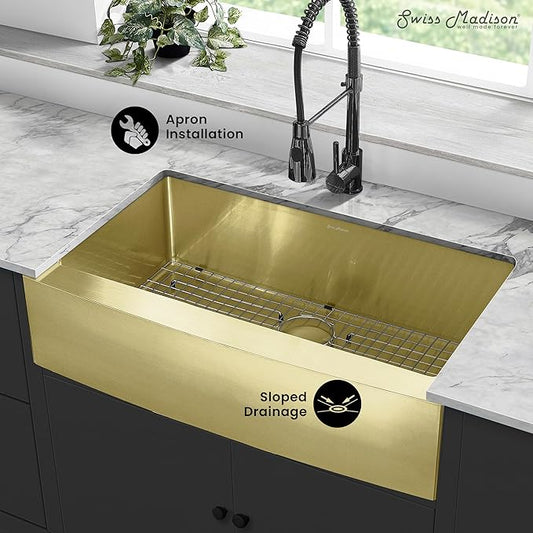 Swiss Madison Rivage 36 x 21 Stainless Steel, Single Basin, Farmhouse Kitchen Sink with Apron in Gold