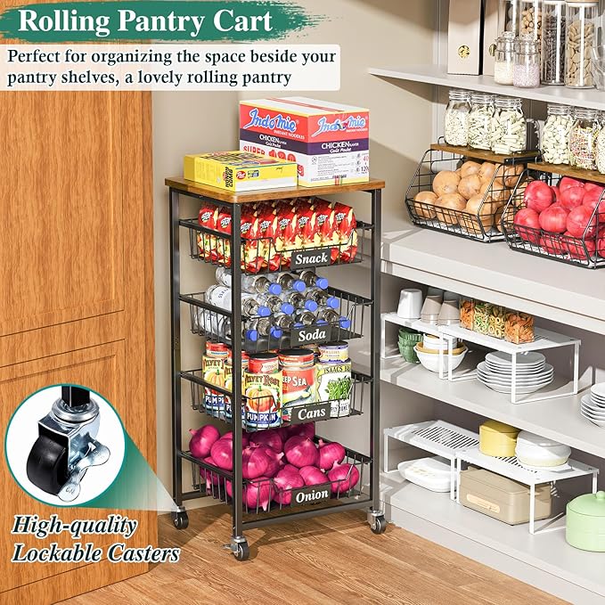 OKZEST Fruit Basket, 5-Tier Utility Kitchen Organizer and Storage Cart with Pull-Out Baskets and Wood Top, Rolling Pantry Kitchen Cart on Wheels for Fruit Potato Onion Vegetable Snack Produce