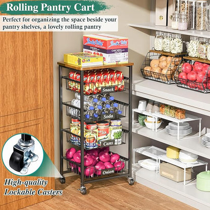 OKZEST Fruit Basket, 5-Tier Utility Kitchen Organizer and Storage Cart with Pull-Out Baskets and Wood Top, Rolling Pantry Kitchen Cart on Wheels for Fruit Potato Onion Vegetable Snack Produce