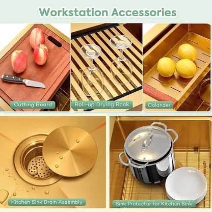 Gold Undermount Kitchen Sink 32 x 18 Inch, 50/50 Double Bowl Kitchen Sinks, 16 Gauge Stainless Steel Workstation Sink with Ledge & Accessories, 32" x 18" x 10" Large and Deep Gold Double Sink