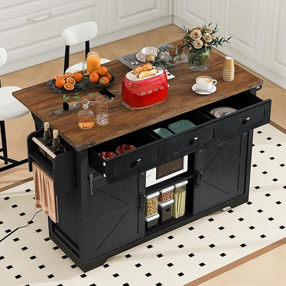 Ball & Cast Farmhouse Kitchen Island with Power Outlet,Kitchen Storage Island W/Internal Storage Rack,Drop Leaf,Spice Rack,Rolling Kitchen Cart on Wheels for Home,Kitchen and Dining Room,White,54.5"