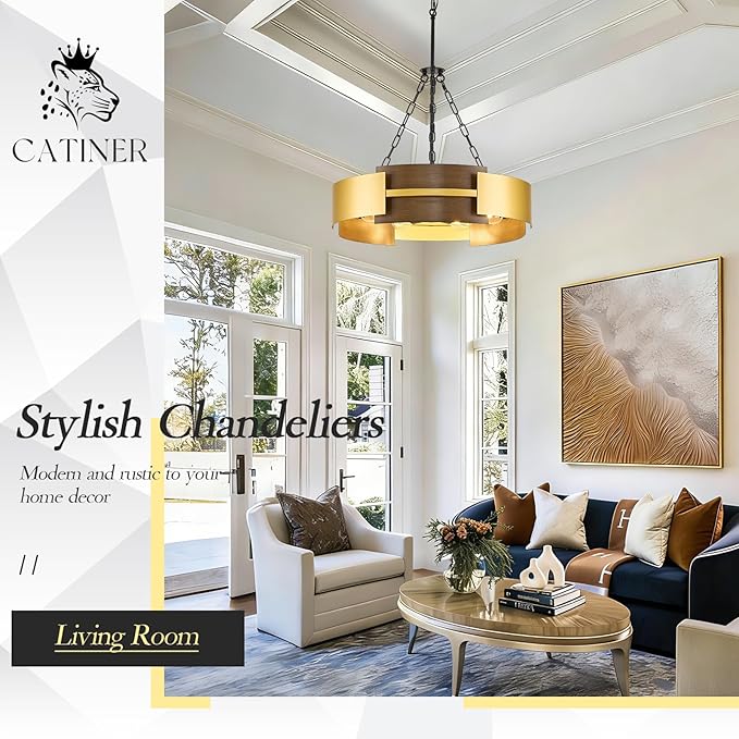 CATINER Modern Industrial Chandelier, Gold Metal 6-Light Drum Hanging Fixture 24" Pendant Lighting for Living Dining Room Foyer Entryway Kitchen, Walnut Grain Finish