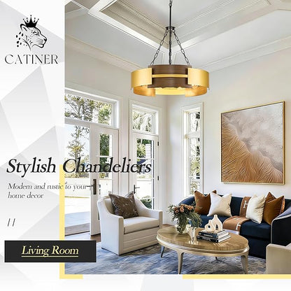 CATINER Modern Industrial Chandelier, Gold Metal 6-Light Drum Hanging Fixture 24" Pendant Lighting for Living Dining Room Foyer Entryway Kitchen, Walnut Grain Finish
