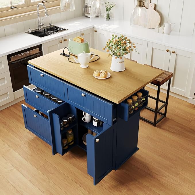 Farmhouse Kitchen Island with Drop Leaf and 2 Seatings, Kitchen Table Set with Storage Cabinet, Drawers, Door Shelves and Power Outlet Blue+Black+Brown