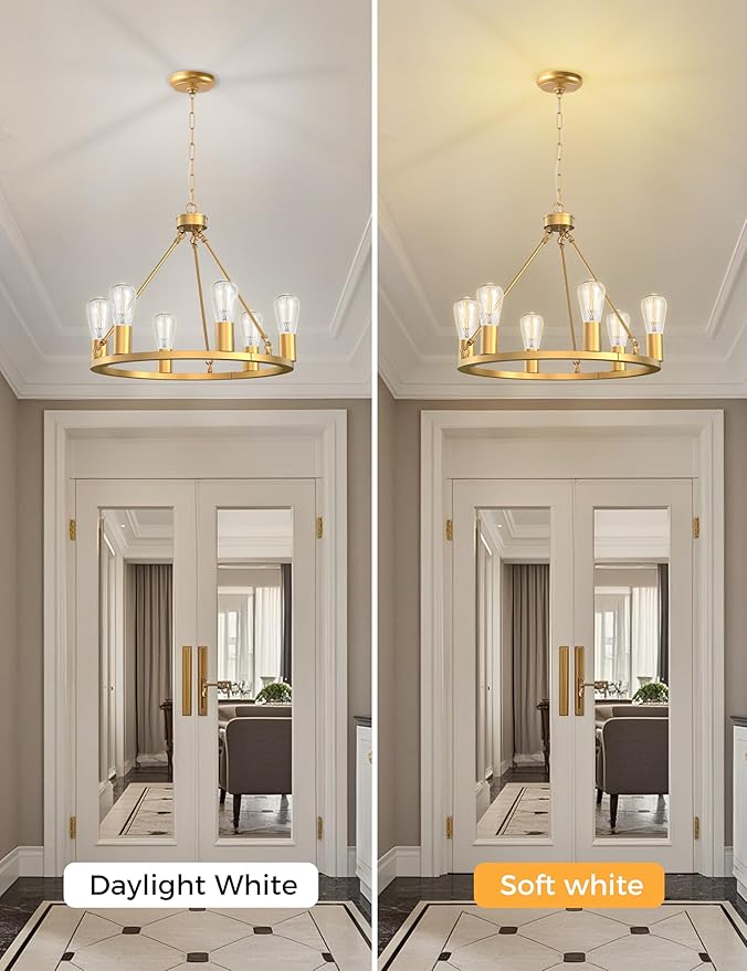 L LOHAS LED Gold Farmhouse Chandeliers for Dining Room, 6-Light Wagon Wheel Chandelier Over Table, Height Adjustable, 19" Dining Room Light Fixtures, Modern Chandelier for Kitchen Island Living Room