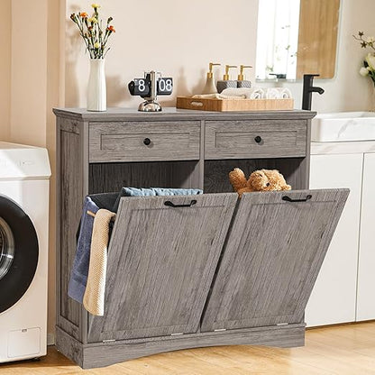 Double Tilt Out Trash Cabinet Freestanding Wooden Garbage Can Cabinet with Hideaway Drawers, 2x13 Gallons Pet Proof Garbage Can Holder for Kitchen Living Room, Grey