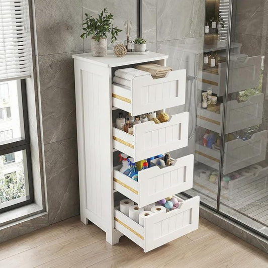 Casaphoria Skinny Bathroom Floor Storage Cabinet, 4-Drawer Narrow Freestanding Tower Cabinet with Anti-Tip Kit, Space-Saving Wooden Organizer for Small Spaces, White