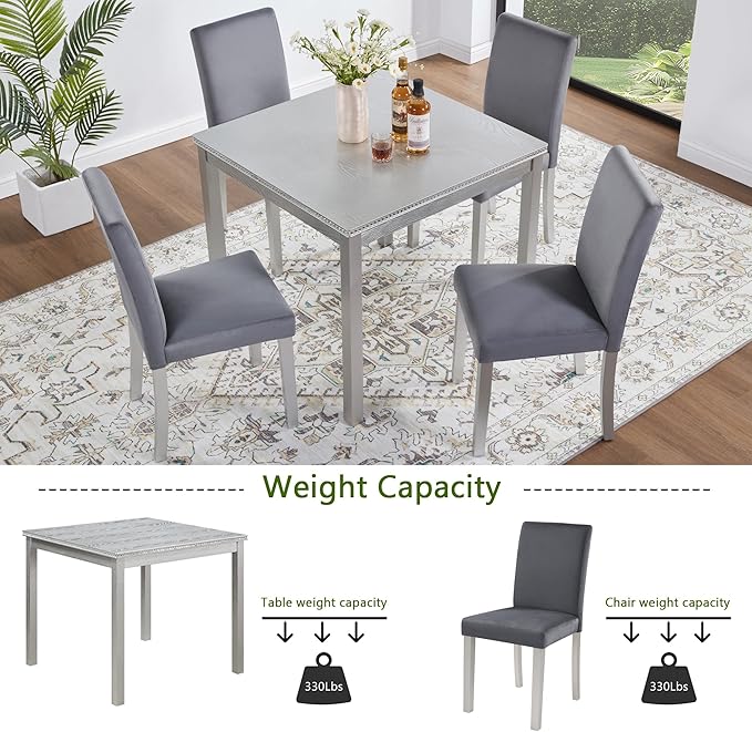 5 Piece Dining Table Set for 4, Square Wooden Kitchen Table with 4 Upholstered Chairs, Elegant Silver Grey Dining Room Set with Crystal Decoration