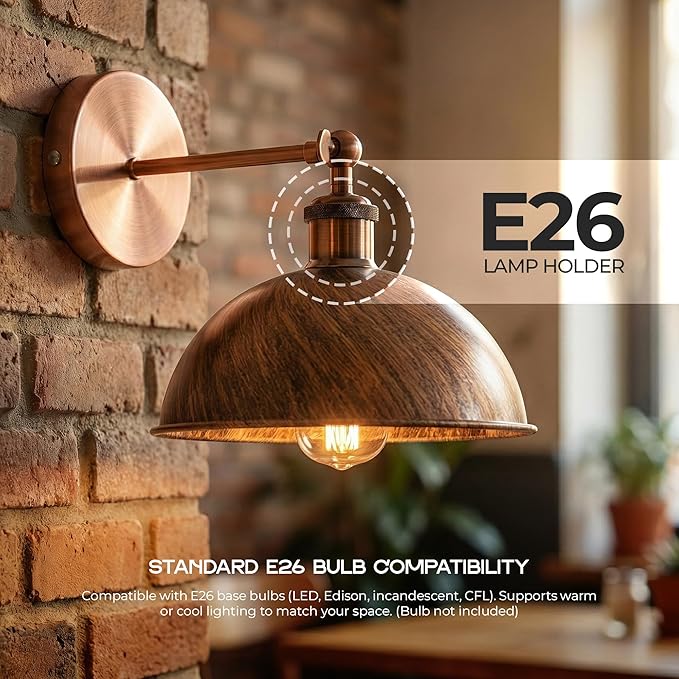 Dome Metal Wall Sconce, 180° Adjustable Industrial Wall Lamp for Bedside, Study, Kitchen, and Living Room Décor. (Brushed Copper_)