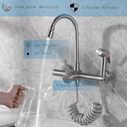 8" Center Wall Mount Kitchen Faucet with Side Sprayer, Brushed Nickle Stainless Steel Sink Mixer Tap, Lead-Free, 360° Swivel Spout