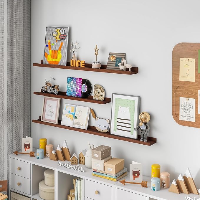 FLYJOE Picture Ledge Wall Shelves 24 inch Width Set of 2, Solid Pine Wood Rustic Floating Ledge Shelves for Wall for Kids' Room Bedroom Kitchen Bathroom Living Room Nursery Display Wall Decor, Walnut