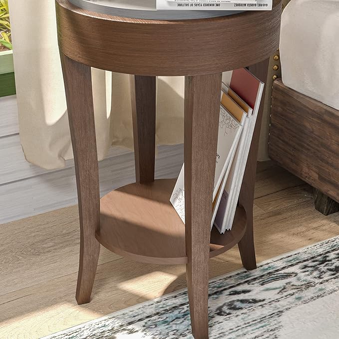 SUNBURY Farmhouse End Table with Open Storage Shelves, 16" W Round Wood Side Table, MDF Accent Nightstand for Living Room, Bedroom, and Dining Room (Dark Gray & Rustic Brown)