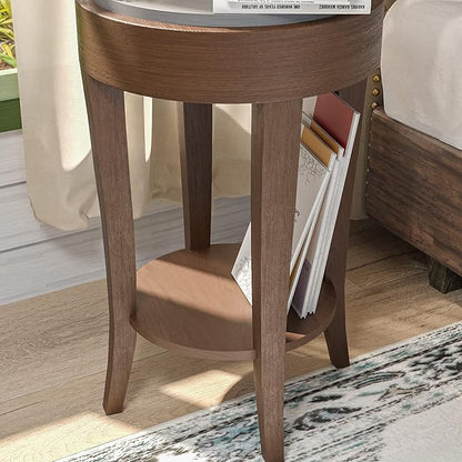 SUNBURY Farmhouse End Table with Open Storage Shelves, 16" W Round Wood Side Table, MDF Accent Nightstand for Living Room, Bedroom, and Dining Room (Dark Gray & Rustic Brown)