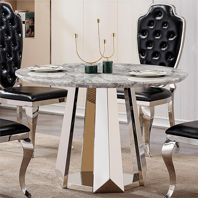 47" Round Marble Dining Table for 4-6, Luxury Modern Kitchen Table with Marble Grain MDF Tabletop & Silver Mirrored Stainless Steel Pedestal Base, Grey Stone Dinner Table for Dining Room (Table Only)