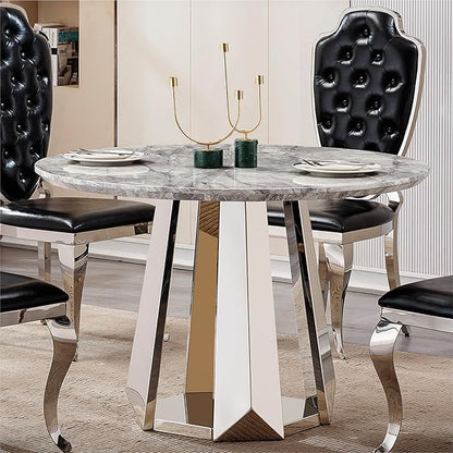 47" Round Marble Dining Table for 4-6, Luxury Modern Kitchen Table with Marble Grain MDF Tabletop & Silver Mirrored Stainless Steel Pedestal Base, Grey Stone Dinner Table for Dining Room (Table Only)