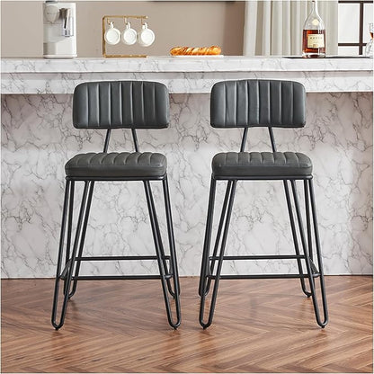 Industrial Bar Stools Set of 2, Counter Height Chairs - PU Leather & Metal Frame, Vintage Style for Kitchen Island, Dining Room, Grey