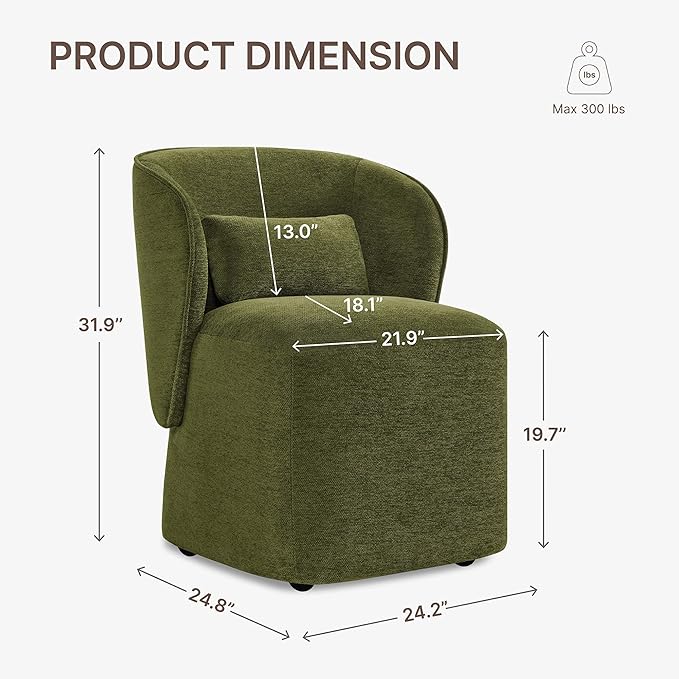 KISLOT Upholstered Dining Chairs with Wheels, Easy Assembly Stain Resistant Fabric Modern Barrel Armchair with Lumbar Cushion, Dining Room Chairs for Kitchen Living Room Bedroom, Green, Set of 1