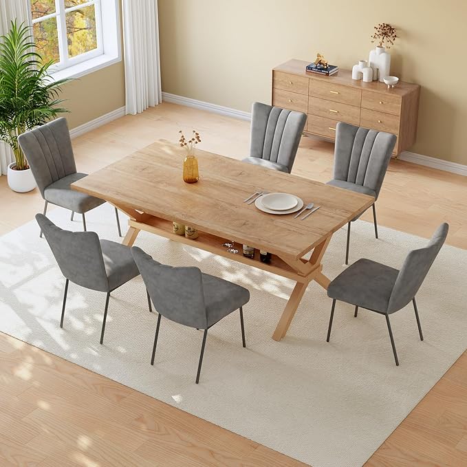 HIPIHOM 63" MDF Dining Table Set for 6, Kitchen Table with Storage Shelves, Breakfast Nook Table Sets with Thickened Desktop and Sturdy Metal Base