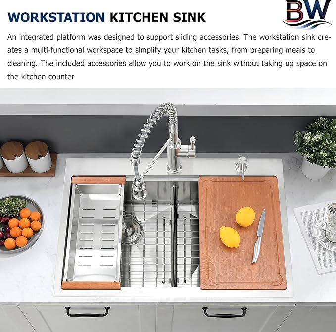 33x22 Double Bowl Kitchen Sink Drop In - 16 Gauge Stainless Steel Top Mount Drop In Sink, 50/50 Split Double Bowl Workstation Kitchen Sinks, Durable for Home Kitchens