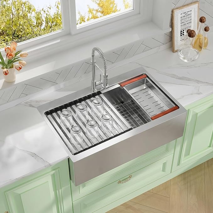 Rhbamoa 36 Inch Stainless Steel Farmhouse Sink,16-Gauge T304 Stainless Steel Single Bowl Apron Front Kitchen Sink,10 Inch Depth Topmount Farm Sinks with All Accessories