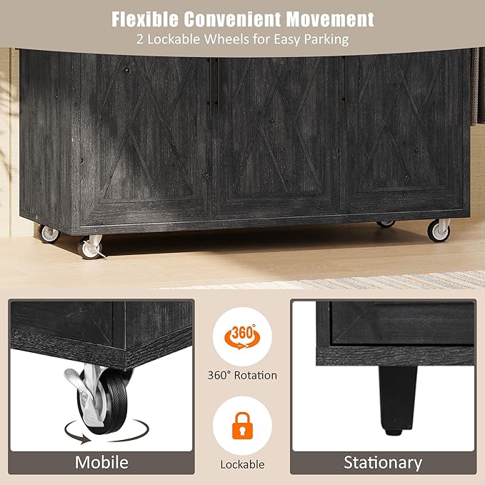 51.2"W Geometric Twill Stripe Textured Design Island with Drop Leaf, Farmhouse Kitchen Cart on Wheels with Internal Storage Rack, Rolling Kitchen Cart with Towel Rack (Black@044)