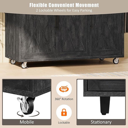 51.2"W Geometric Twill Stripe Textured Design Island with Drop Leaf, Farmhouse Kitchen Cart on Wheels with Internal Storage Rack, Rolling Kitchen Cart with Towel Rack (Black@044)