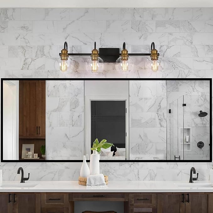 LALUZ Bathroom Light Fixtures, 4-Light Black and Gold Vanity Lights for Bathroom with Clear Globe Glass Shade, Modern Farmhouse Bathroom Vanity Lighting Over Mirror, 29.5" L x 7" W x 9" H