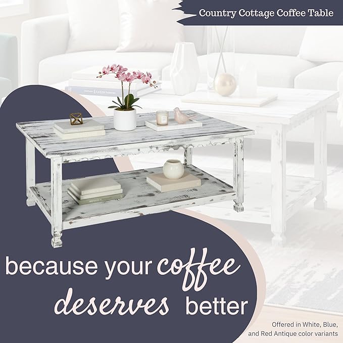 Country Cottage 42-Inch Farmhouse Coffee Table with Storage Shelf and White Antique Finish for Living Room or Family Room by Alaterre Furniture