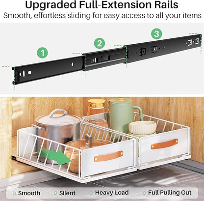 2Pack Pull out Cabinet Organizer,Heavy Duty Slide out Pantry Shelves Drawer Storage with Adhesive Nano Film,Sliding Mesh Basket with Handle for Kitchen, Bathroom, Home, 11.8W" X 15.7"D X 6.2"H,White