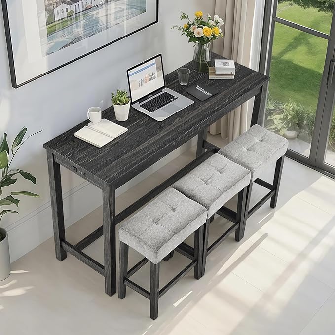 LKTART 4 Piece Bar Table Set Dining Bar Table and Chairs Set with Power Outlet Industrial Breakfast Table with 3 Padded Stools Rustic Bar Kitchen Dinning Room Living Room Black Grey