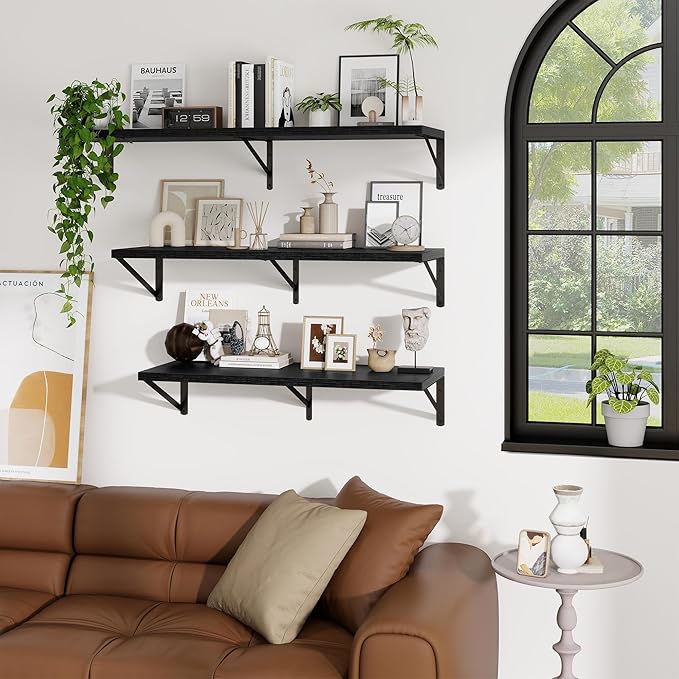 Deep Wall Shelves 40"W x 12"D Engineered Wood Floating Shelves for Wall, Sturdy Metal Bracket Bookshelves Home Decor Storage for Living Room Bedroom Bathroom Kitchen, Set of 2, Black Finish