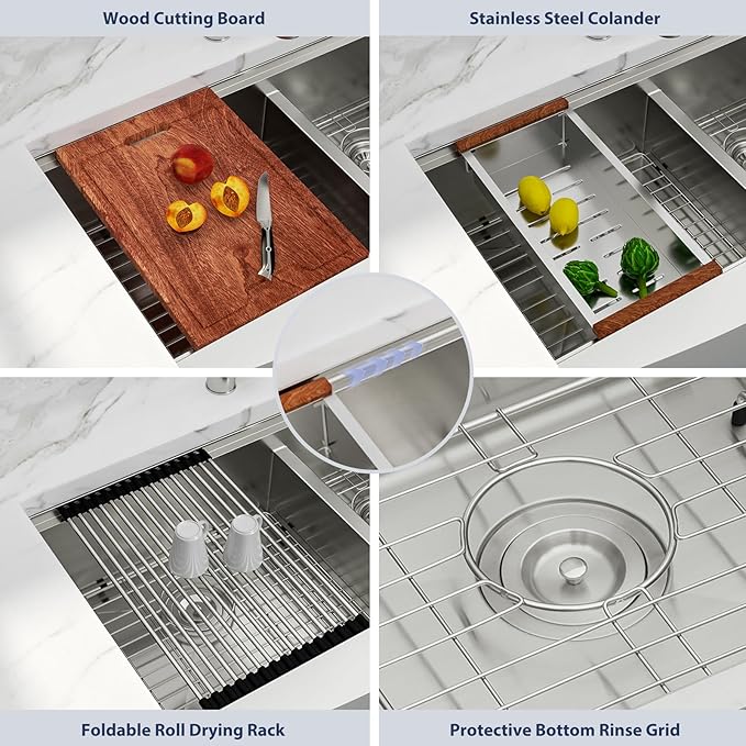 Lordear 33 Farmhouse Sink Double Bowl 33 Inch Farm Kitchen Sink Workstation Apron Front Stainless Steel 16 Gauge Low Divide 50/50 Double Kitchen Farm Sinks 33X22X10 Inch (Apron Height is 9 inch)
