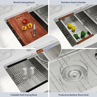 Lordear 33 Farmhouse Sink Double Bowl 33 Inch Farm Kitchen Sink Workstation Apron Front Stainless Steel 16 Gauge Low Divide 50/50 Double Kitchen Farm Sinks 33X22X10 Inch (Apron Height is 9 inch)