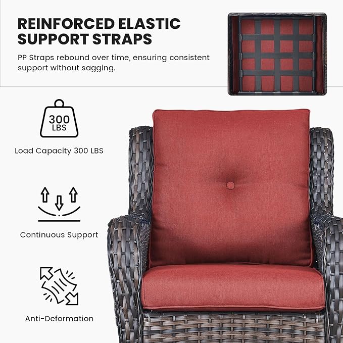 Belord High Back Patio Chairs Set of 2 - Brown Wicker Outdoor Seating, 4" Wide Armrests Rattan Outdoor Club Chairs with Red Removable Cushion for Deck Porch Backyard